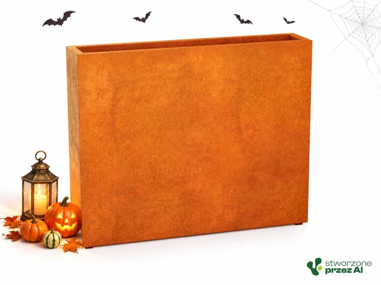 Donica metalowa Corten ESTRECHO 20  | wys. 120 cm, szer. 150 x 30 cm | – jesienna aranżacja Halloween (AI)