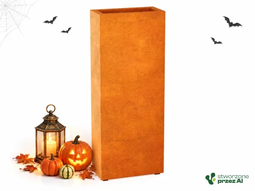 Donica metalowa Corten ESTRECHO 3 | wys. 150 cm, szer. 60 x 30 cm | – jesienna aranżacja Halloween (AI)