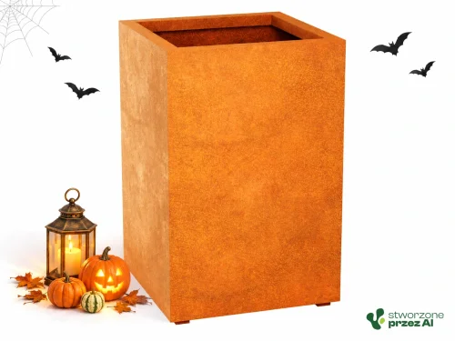 Donica metalowa Corten ESTRECHO 4 | wys. 90 cm, szer. 60 x 60 cm | – jesienna aranżacja Halloween (AI)