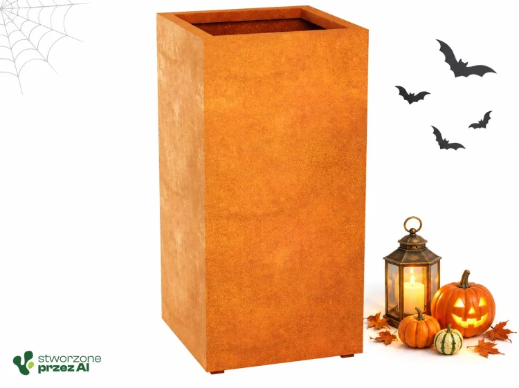 Donica metalowa Corten ESTRECHO 5 | wys. 120 cm, szer. 60 x 60 cm | – jesienna aranżacja Halloween (AI)