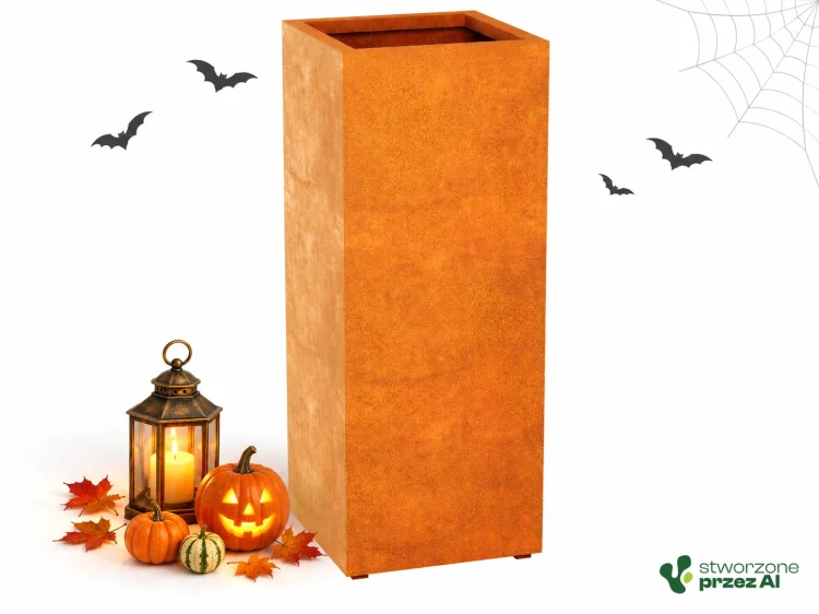 Donica metalowa Corten ESTRECHO 6 | wys. 150 cm, szer. 60 x 60 cm | – jesienna aranżacja Halloween (AI)