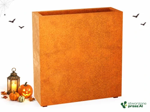 Donica metalowa Corten ESTRECHO 27 | wys. 150 cm, szer. 180 x 30 cm | – jesienna aranżacja Halloween (AI)