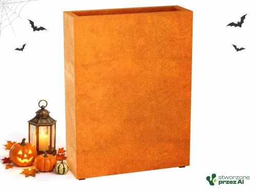 Donica metalowa Corten ESTRECHO 8  | wys. 120 cm, szer. 90 x 30 cm | – jesienna aranżacja Halloween (AI)