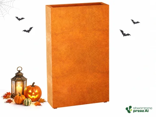 Donica metalowa Corten ESTRECHO 9  | wys. 150 cm, szer. 90 x 30 cm | – jesienna aranżacja Halloween (AI)