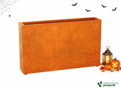 Donica metalowa Corten ESTRECHO 19  | wys. 90 cm, szer. 150 x 30 cm | – jesienna aranżacja Halloween (AI)