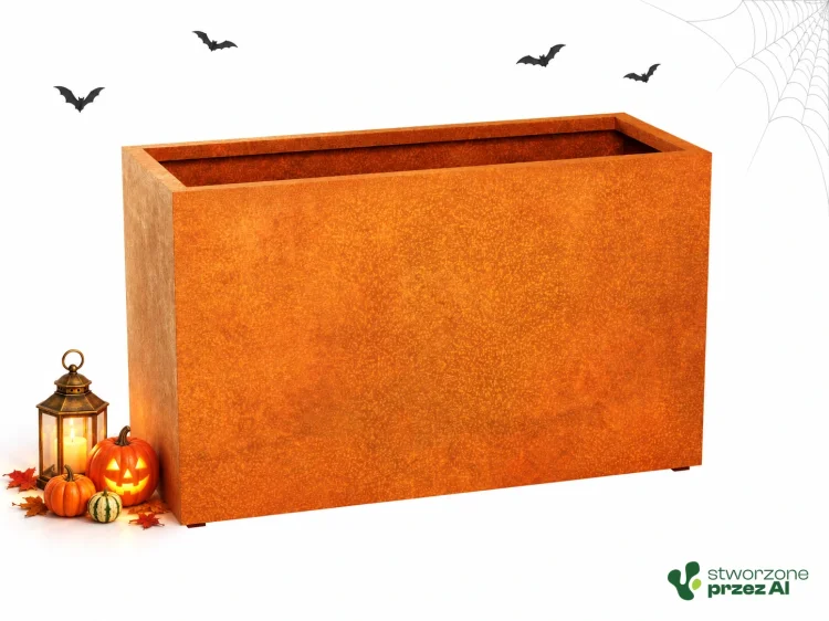 Donica metalowa Corten ESTRECHO 22  | wys. 90 cm, szer. 150 x 60 cm | – jesienna aranżacja Halloween (AI)