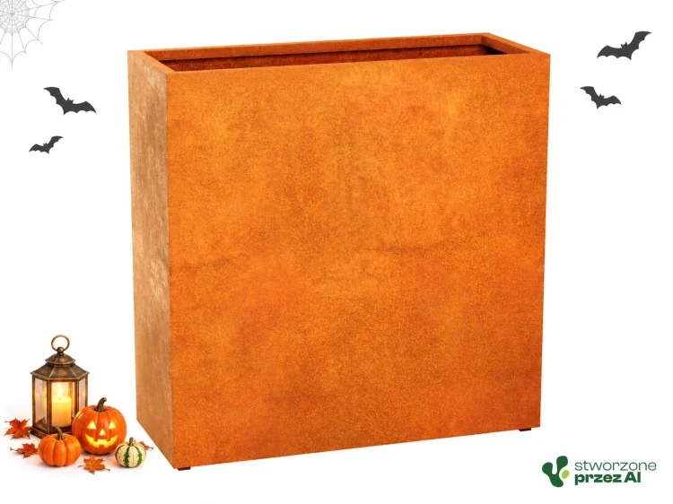 Donica metalowa Corten ESTRECHO 24 | wys. 150 cm, szer. 150 x 50 cm | – jesienna aranżacja Halloween (AI)