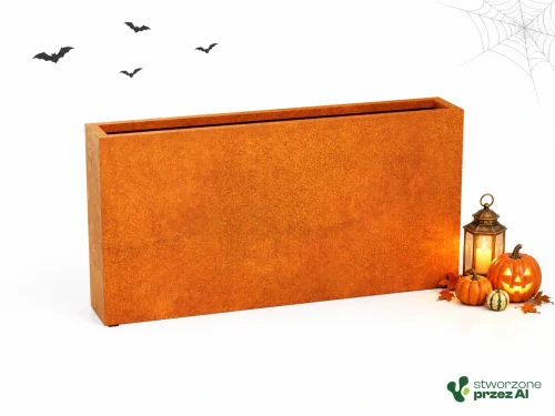 Donica metalowa Corten ESTRECHO 25 | wys. 90 cm, szer. 180 x 30 cm | – jesienna aranżacja Halloween (AI)